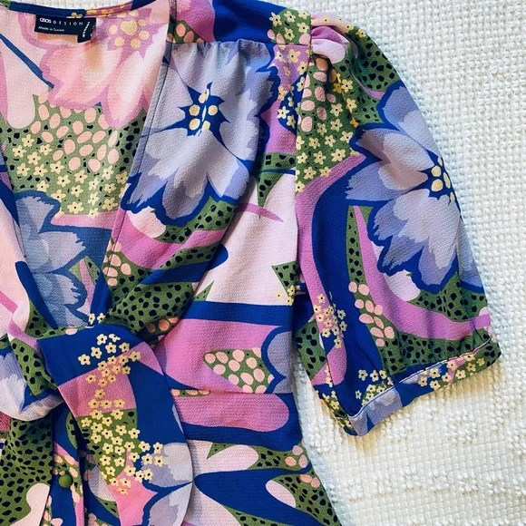 ASOS Tie Front Button Up Mini Dress in Floral Lavender - Picture 6 of 10